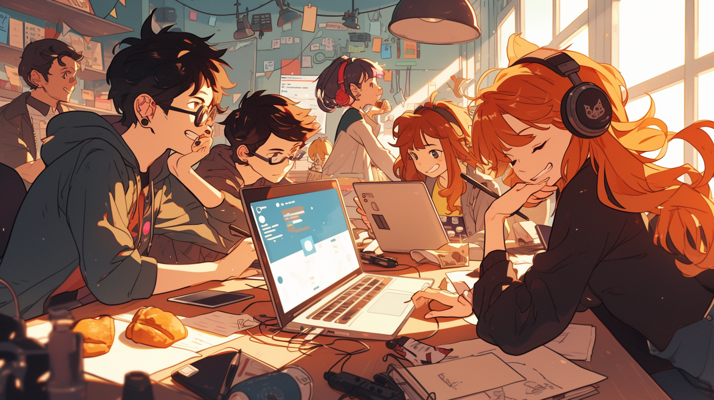 Manga image of cute nerds at a hackathon eating croissants while working on their laptops