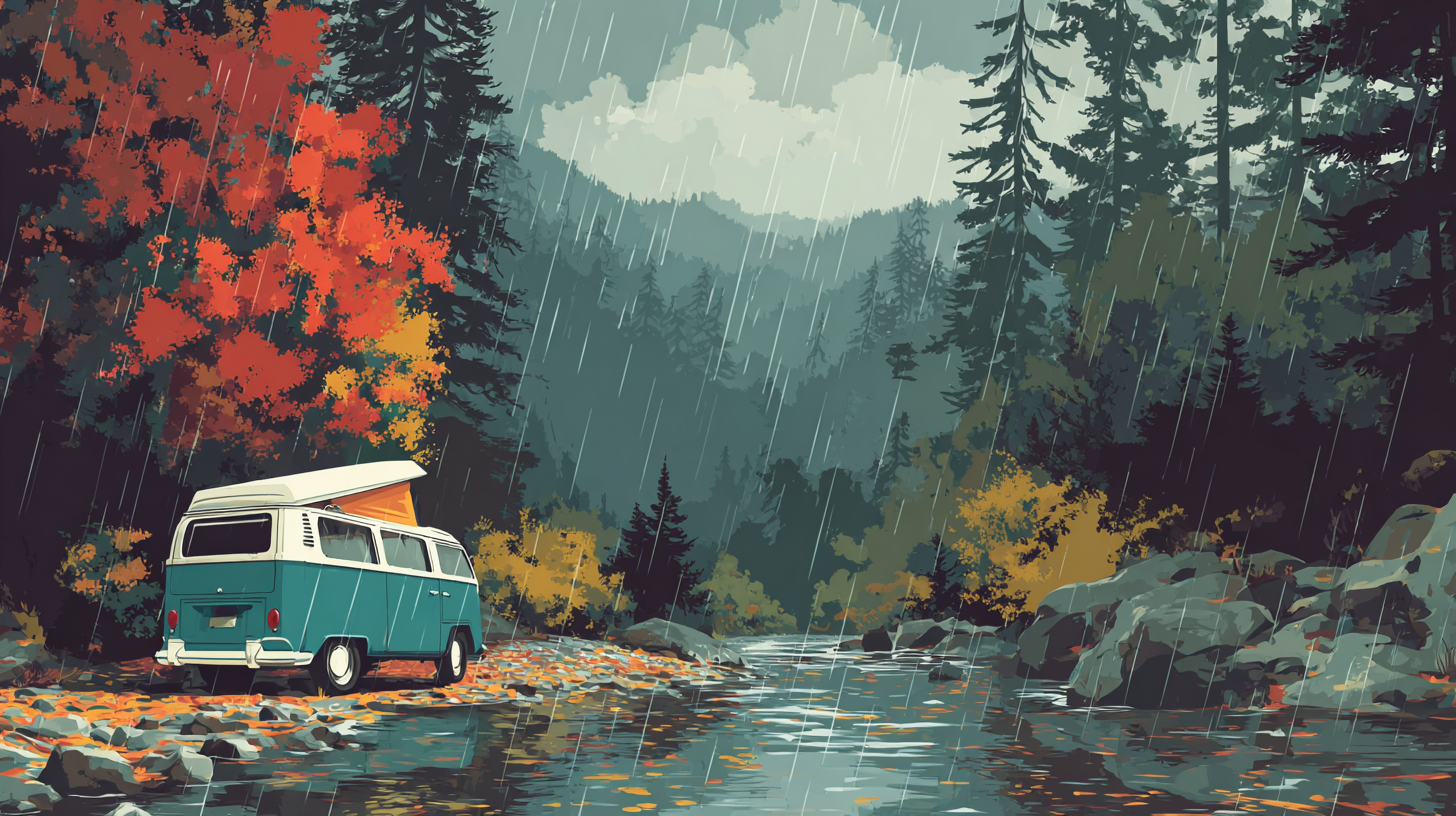 A campervan parked by a river in the forest on a rainy day.