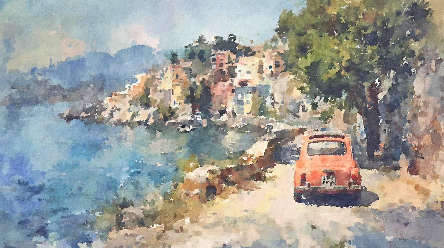 watercolor of a red car driving along the Adriatic coast towards a little seaside town